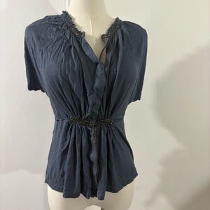 Anthropologie One September Beaded Tie Front Blouse Blue Sz Pet. Boho Fairy Y2K